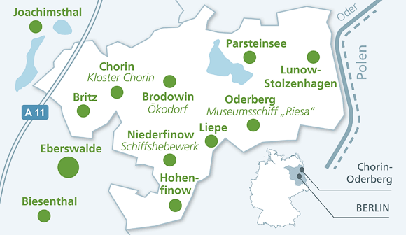 Karte des Amtes Britz-Chorin-Oderberg mit touristischen Highlights