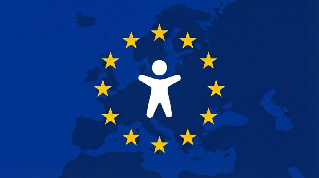Karte der europäischen Union mit einem Kreis aus 12 gelben Sternen und im Kreis das Symbol einer Person mit ausgestreckten Armen als Zeichen der Barrierefreiheit