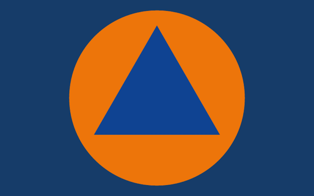 Ein gleichseitiges blaues Dreieck auf orangefarbenem Grund ist das internationale Schutzzeichen des Zivilschutzes