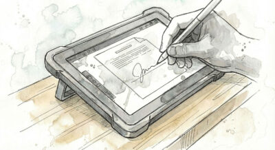 Tablet auf dem eine Hand mit einem Stylus digital unterzeichnet.