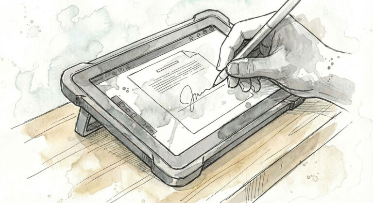 Tablet auf dem eine Hand mit einem Stylus digital unterzeichnet.