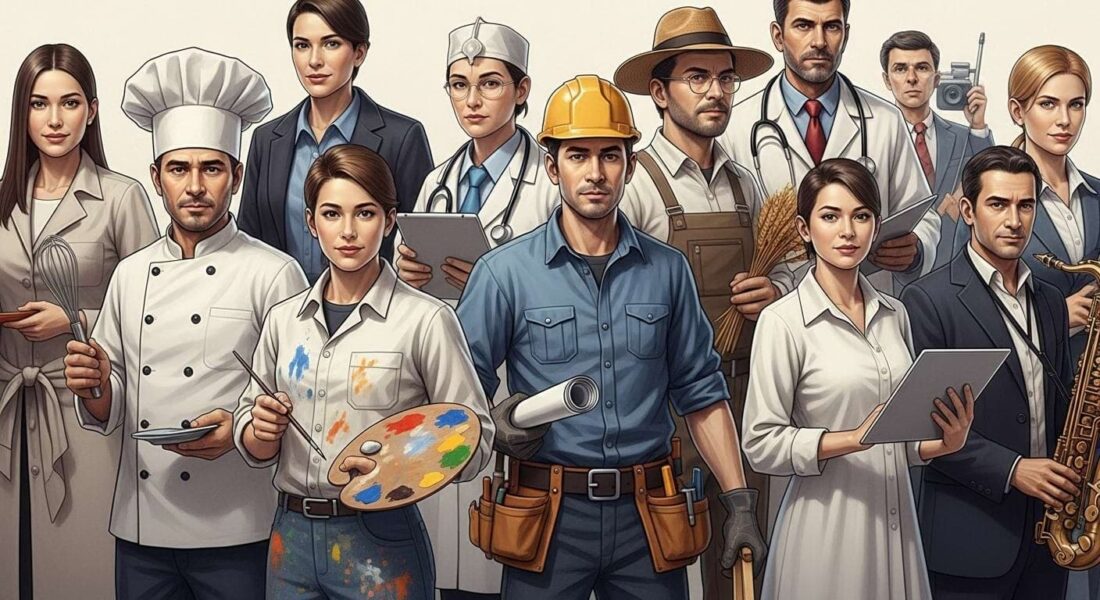 Gruppe von Menschen die bestimmte Berufsgruppen repräsentieren und entsprechende Arbeitskleidung tragen (Koch, Maler, Handwerker usw.).