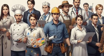 Gruppe von Menschen die bestimmte Berufsgruppen repräsentieren und entsprechende Arbeitskleidung tragen (Koch, Maler, Handwerker usw.).