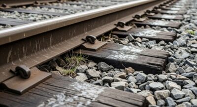 Nahaufnahme einer Eisenbahnschiene und Gleisbett