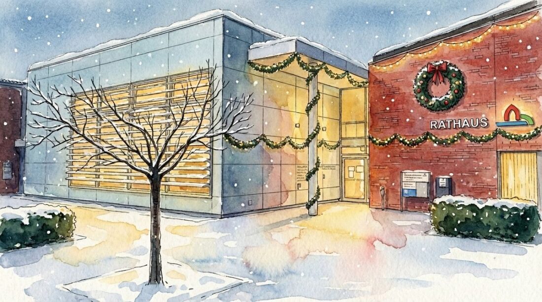 Rathaus Britz mit Schnee zur Weihnachtszeit