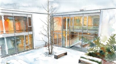 Aquarell einer modernen Innenhof-Architektur im Winter mit Schnee und zentralem kahlem Baum.
