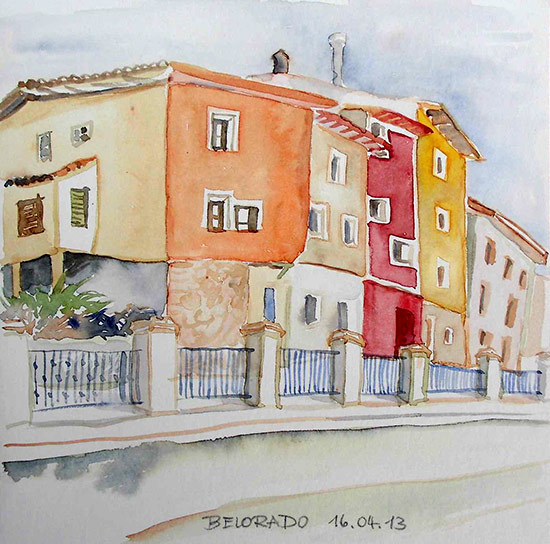 Aquarell: buntes Häuser in einer Straße